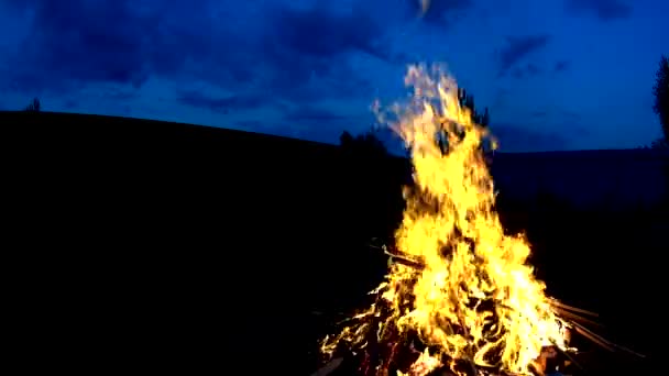 Fogata grande sobre fondo oscuro, chispas vuelan, tarde por la noche — Vídeo de stock