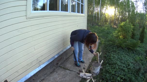 Divertida joven mujer picar y soltar madera de abedul grande en Homestead en hierba verde — Vídeos de Stock
