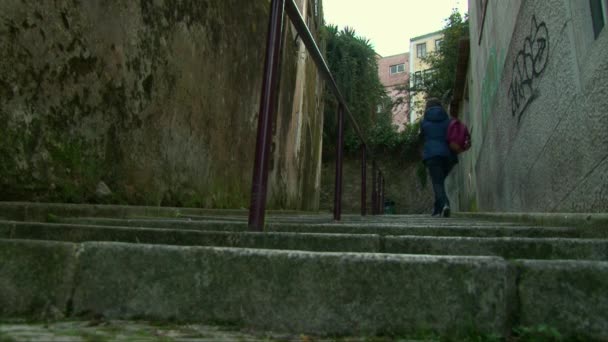 Touristenmädchen mit Rucksack läuft zwischen Mauern im Moos — Stockvideo