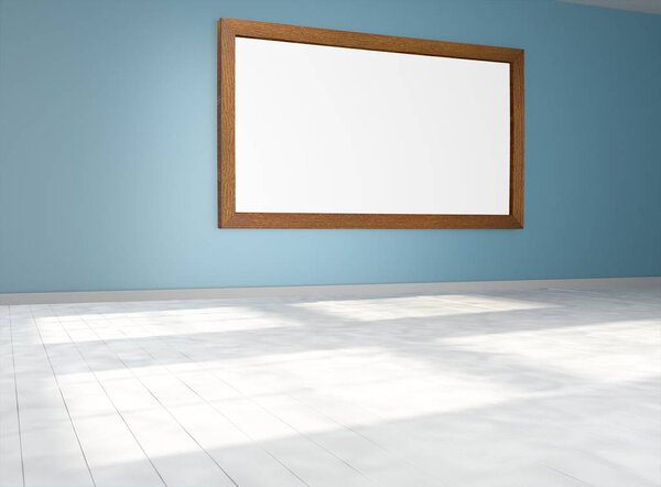 Interior of empty room with blank picture frame on wall