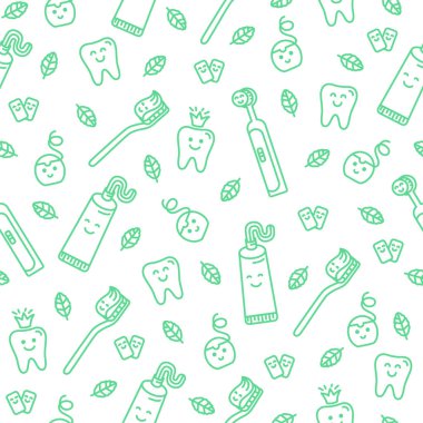 Şirin doodling vektör desen tatlı karakterlerle: Kral diş, diş macunu, tatlı diş ipi ve diş fırçası gülümseyerek. Desen ve benzeri tekstil tasarımı, kurumsal kimlik tasarımı için idealdir