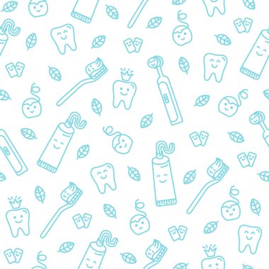 Şirin doodling vektör desen tatlı karakterlerle: Kral diş, diş macunu, tatlı diş ipi ve diş fırçası gülümseyerek. Desen ve benzeri tekstil tasarımı, kurumsal kimlik tasarımı için idealdir
