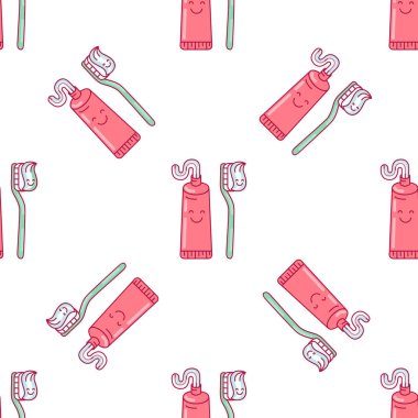 Şirin doodling vektör desen tatlı karakterlerle: diş macunu ve diş fırçası gülümseyerek. Desen ve benzeri tekstil tasarımı, kurumsal kimlik tasarımı için idealdir