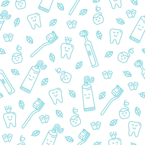 Şirin doodling vektör desen tatlı karakterlerle: Kral diş, diş macunu, tatlı diş ipi ve diş fırçası gülümseyerek. Desen ve benzeri tekstil tasarımı, kurumsal kimlik tasarımı için idealdir