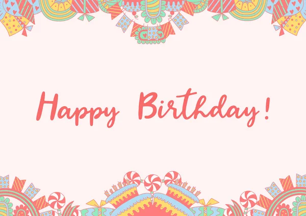 Doğum günü kartı şablonu doodle tarzı. Doğum günü şekerleme, hediyeler, çelenk ve balonlar, kutu havai fişek, doğum günü pasta mumlar. 