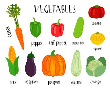 Parlak düz sebze set vektör. İzole karikatür vektör çizimler