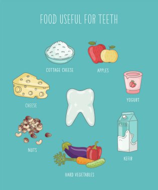 Yiyecek dişler için yararlı. Karikatür doodle vektör ayarlayın. Bu resimde sözel kaygı yardımları için broşürler, el ilanları ve diğer basılı ürünler tasarımı için hem de Web sitesi yazabilmek için uygundur