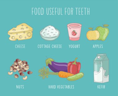 Yiyecek dişler için yararlı. Karikatür doodle vektör ayarlayın. Bu resimde sözel kaygı yardımları için broşürler, el ilanları ve diğer basılı ürünler tasarımı için hem de şirketin web sitesinde yazabilmek için uygundur.