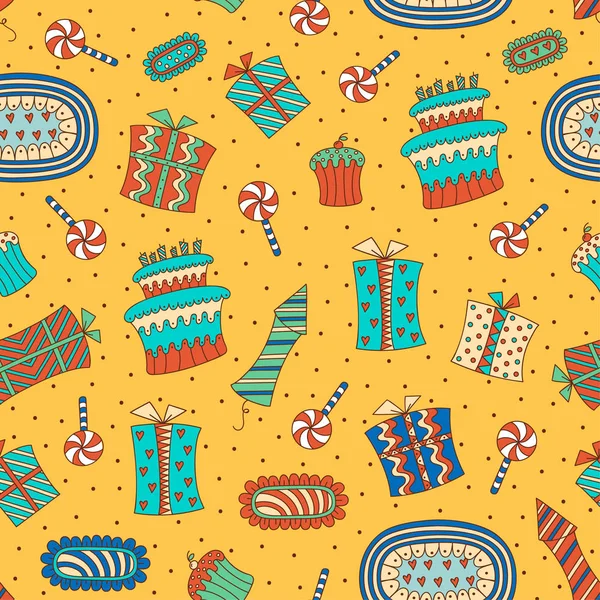 Çizilmiş doodle sorunsuz doğum günü desen. Doğum günü şekerleme, hediyeler, kutu havai fişek, lolipop ve doğum günü pastası. Bu desen baskı Tekstil, ambalaj kağıdı ve benzeri almak için uygundur.