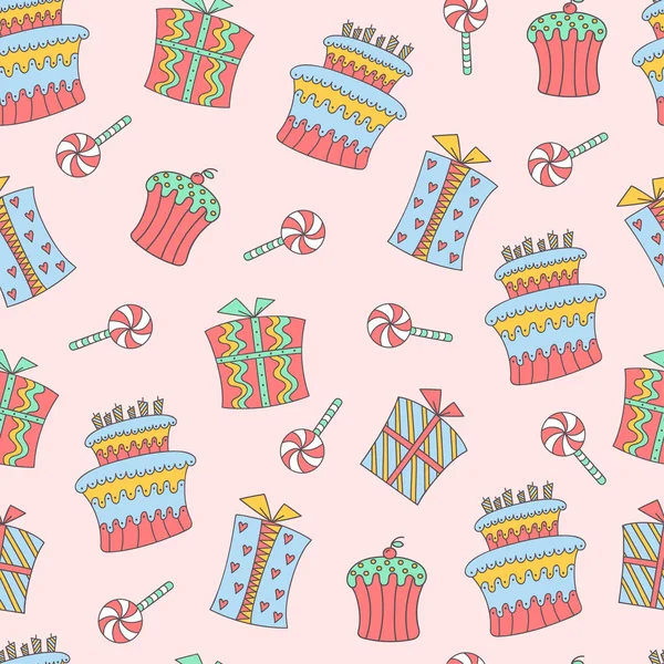 Çizilmiş doodle sorunsuz doğum günü desen. Doğum günü şekerleme, kutuları hediyeler, lolipop ve doğum günü pastası. Bu desen baskı Tekstil, ambalaj kağıdı ve benzeri almak için uygundur.