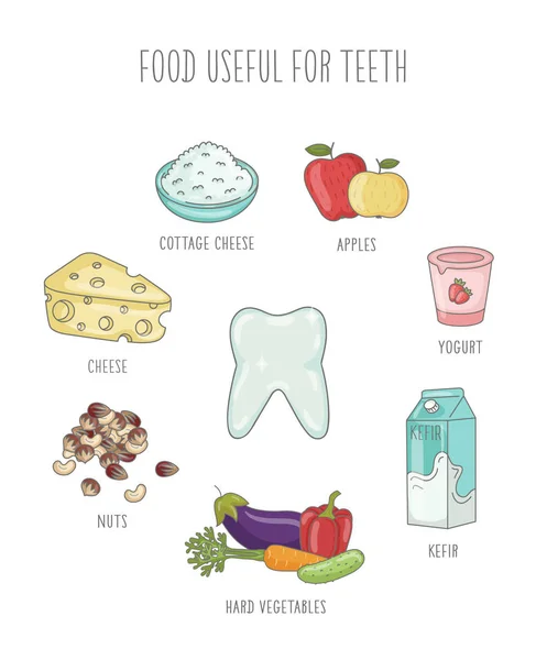 Alimento Útil Para Los Dientes Dibujos Animados Doodle Vector Conjunto — Archivo Imágenes Vectoriales