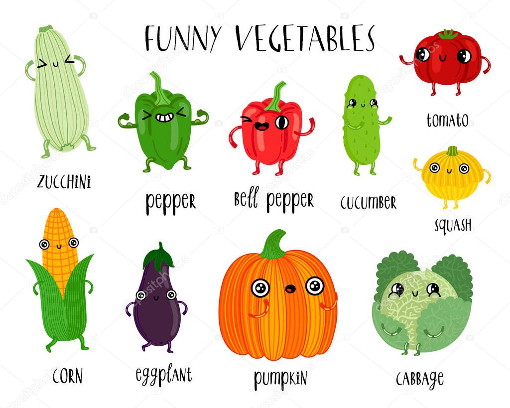 Cute Vegetables Vector Set Isolated Cartoon Vector Illustrations