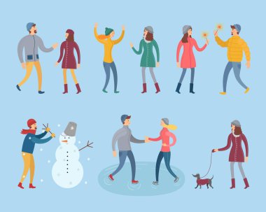 Kış giysileri düz ayarlamak vektör insanlar. Resim farklı insanlar ve olaylar oluyor onlara gösterir: kutlama yeni yıl, buz pateni, heykel bir kardan adam, bir adam bir ilk tarih, bir arkadaşı ile toplantı ve benzeri bir köpek ile yürüyüş.