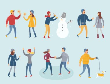 Kış giysileri düz ayarlamak vektör insanlar. Resim farklı insanlar ve olaylar oluyor onlara gösterir: kutlama yeni yıl, buz pateni, heykel bir kardan adam, bir adam bir ilk tarih, bir arkadaşı ile toplantı ve benzeri bir köpek ile yürüyüş.