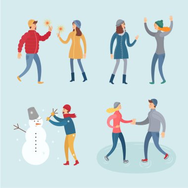 Kış giysileri düz ayarlamak vektör insanlar. Resim farklı insanlar ve olaylar oluyor onlara gösterir: pateni, bir adam bir kardan adam, heykel ve benzeri bir arkadaşı ile toplantı yeni yıl kutlamaları.