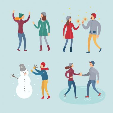Kış giysileri düz ayarlamak vektör insanlar. Resim farklı insanlar ve olaylar oluyor onlara gösterir: pateni, bir adam bir kardan adam, heykel ve benzeri bir arkadaşı ile toplantı yeni yıl kutlamaları.