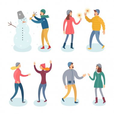 Kış giysileri düz ayarlamak vektör insanlar. Resim farklı insanlar ve olaylar oluyor onlara gösterir: yeni yıl, bir adam bir kardan adam, heykel kutlama bir ilk tarih, bir arkadaşı ile toplantı ve benzeri bir köpek ile yürüyüş.