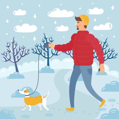 Yakışıklı hipster adam köpeğiyle yürüyen bir karla kaplı Kış parkın kış giysileri içinde. Vektör çizim kartları, davetiyeler dekorasyon için ve aynı zamanda web sitenize veya blog için uygundur