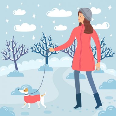 Kış elbiseleri güzel bir kız bir karla kaplı Kış parkın köpeğiyle yürüyor. Vektör çizim kartları, davetiyeler dekorasyon için ve aynı zamanda web sitenize veya blog için uygundur