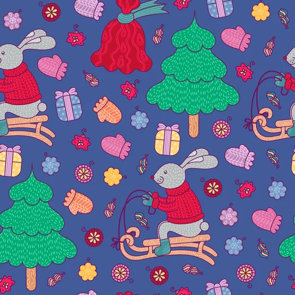 Χριστούγεννα Διακόσμηση Μοτίβο Λαγουδάκι Ένα Έλκηθρο Δέντρο Νέο Έτος Τσάντα — Διανυσματικό Αρχείο