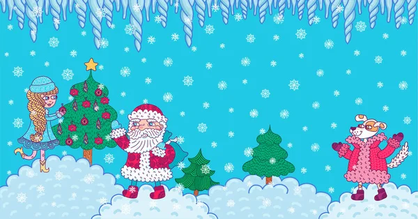 Śnieżna Efemeryda Santa Claus Ładny Pies Tle Pejzażu Zimowym Ilustracja — Wektor stockowy