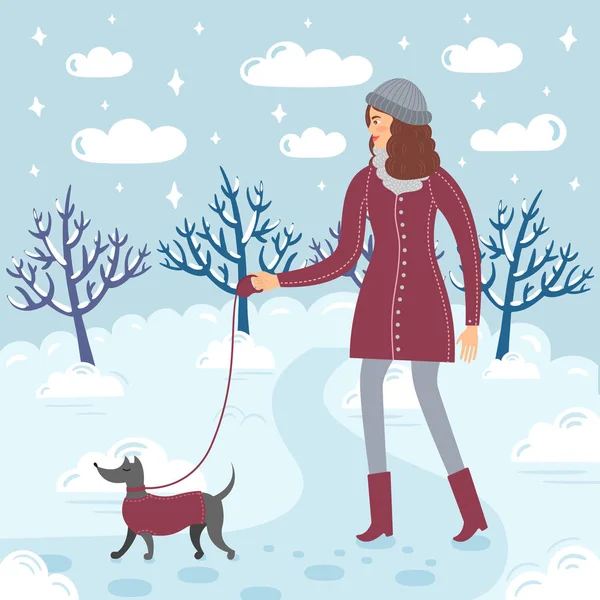 Une Belle Fille Tenue Hiver Promène Avec Son Chien Sur — Image vectorielle