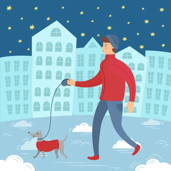 彼の犬を連れて歩いて冬服のハンサムな流行に敏感な人 ベクトル図は装飾するカード 招待状ともあなたの Web サイトやブログに適しています — ストックベクタ