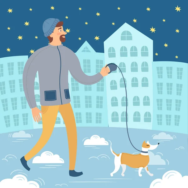 Красивий Хіпстер Зимовому Одязі Ходить Своїм Собакою Векторна Ілюстрація Підходить — стоковий вектор