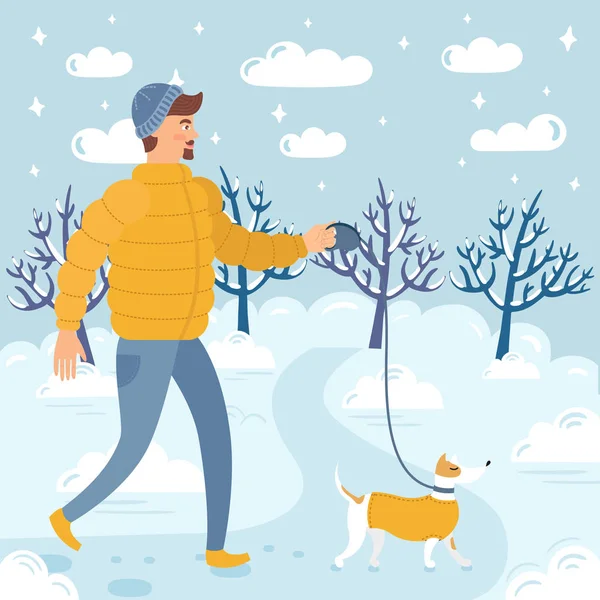 Красивий Хіпстер Зимовому Одязі Ходить Своїм Собакою Засніженому Зимовому Парку — стоковий вектор