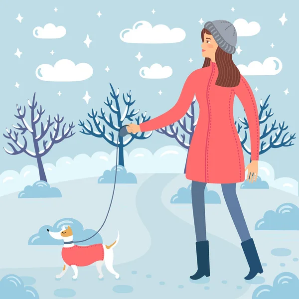 Une Belle Fille Tenue Hiver Promène Avec Son Chien Sur — Image vectorielle