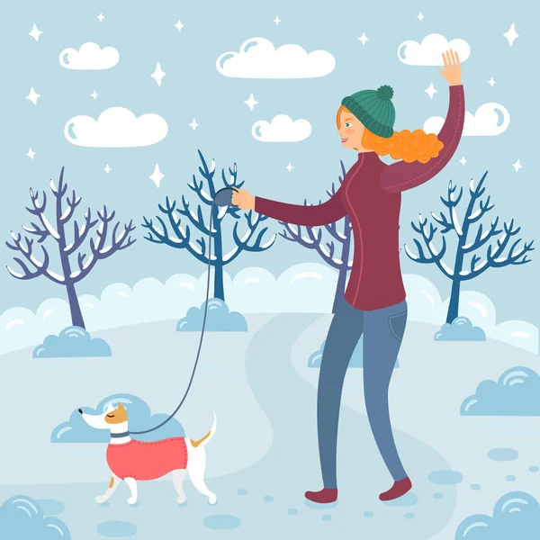 Красива Дівчина Зимовому Одязі Гуляє Своєю Собакою Засніженому Зимовому Парку — стоковий вектор