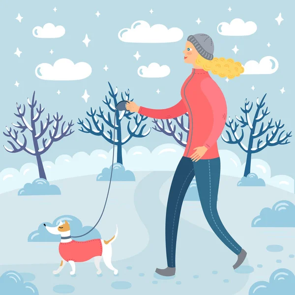 Красива Дівчина Зимовому Одязі Гуляє Своєю Собакою Засніженому Зимовому Парку — стоковий вектор