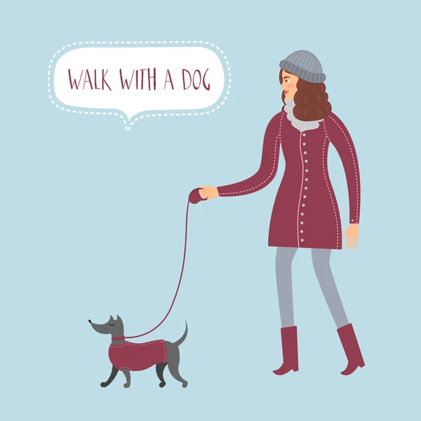 Красива Дівчина Зимовому Одязі Ходить Своїм Собакою Векторна Ілюстрація Підходить — стоковий вектор