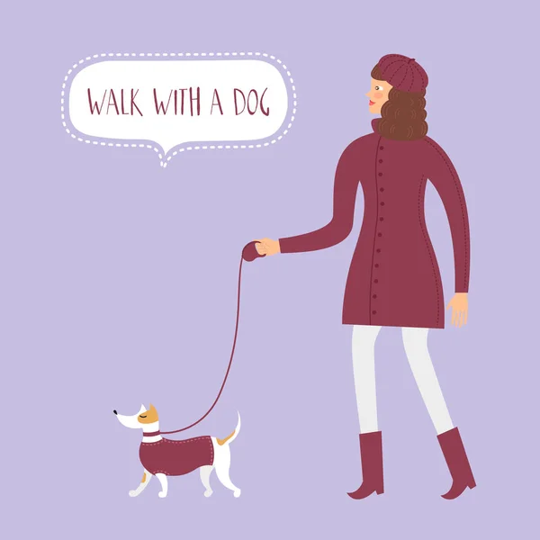 Красива Дівчина Зимовому Одязі Ходить Своїм Собакою Векторна Ілюстрація Підходить — стоковий вектор