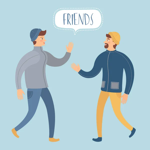 Meeting Two Friends Guys Cartoon Colorful Illustration Unity Friendship Your — Stock Vector