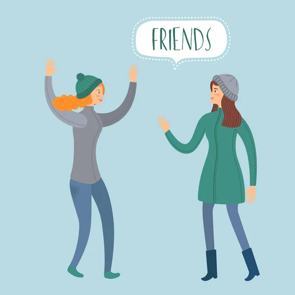 Vergadering Van Twee Vrienden Meisjes Kleurrijke Illustratie Cartoon Eenheid Vriendschap — Stockvector