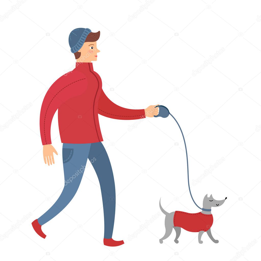 Handsome hipster man in winter clothes walking with his dog. Vector illustration is suitable for decorating cards, invitations and also for your web site or blog