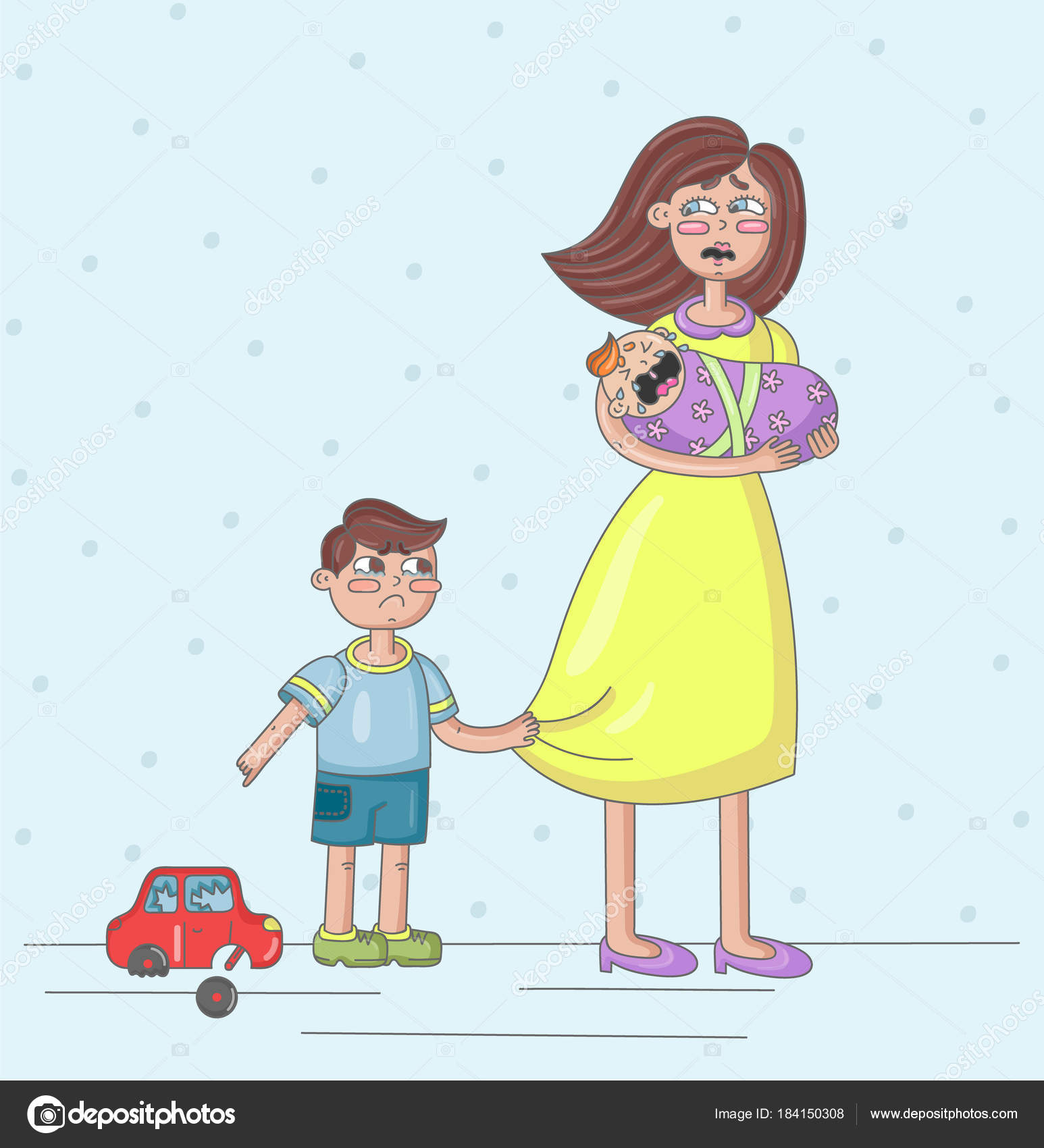 Stanca la madre tiene un bambino che urla in braccio mentre suoi vecchio bambino piange a causa di un giocattolo rotto Illustrazione vettoriale disegnato a