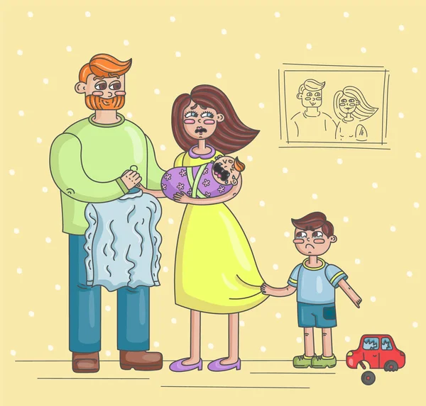 疲惫的母亲抱着一个尖叫的孩子在她的怀里 而她的大孩子哭 因为一个破碎的玩具 和她的丈夫要求熨衬衫 手绘矢量图 — 图库矢量图片