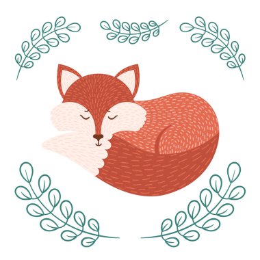 Fox uyuyor. Bitkisel arka plan üzerinde izole simgesi