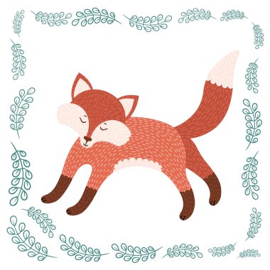 Şirin fox. Bitkisel arka plan üzerinde izole simgesi