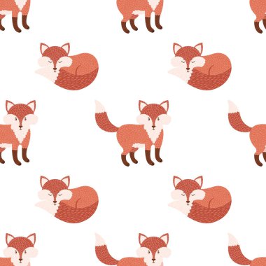 Parlak bir arka plan üzerinde çizilmiş tilki ile şirin sorunsuz vektör desen.