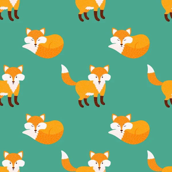 Cute Seamless Vector Pattern Hand Drawn Foxes Bright Background — Stock Vector