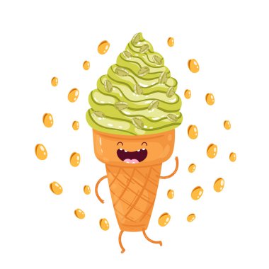 Kartpostal güzel karakter fıstıklı dondurma ile. Vektör çizim doodle tarzı