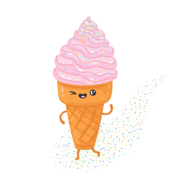 Postcard Nice Character Strawberry Ice Cream Vector Illustration Doodle Style — Stock Vector