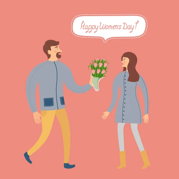 A man gives a woman a bouquet of tulips. Greeting card with International Women\'s Day