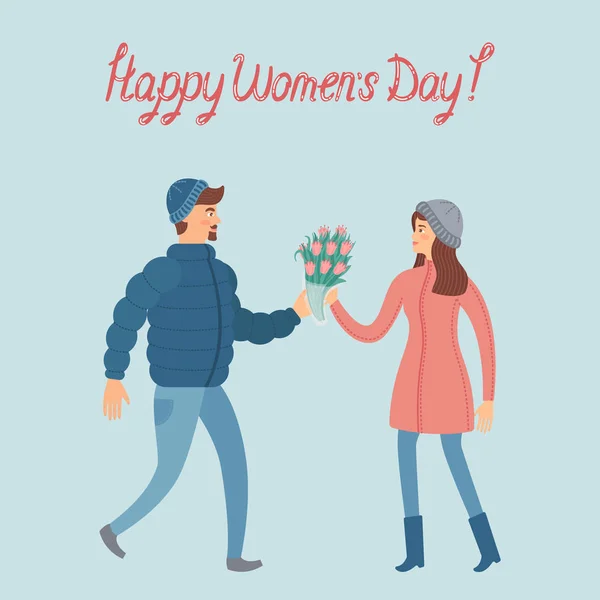 Man Gives Woman Bouquet Tulips Greeting Card International Women Day — Stock Vector
