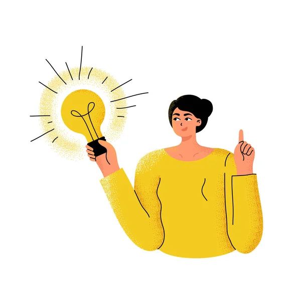 Giovane ragazza felice tiene una lampadina tra le mani un simbolo di avere un'idea . — Vettoriale Stock