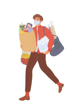 Tıbbi maskeli, alışveriş çantalı genç bir adam..