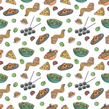Farklı yiyeceklerle kusursuz vektör deseni.